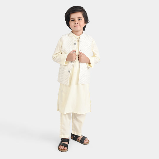 Boys Poly Viscose 3 Piece Suit (Square PKT)-Off White