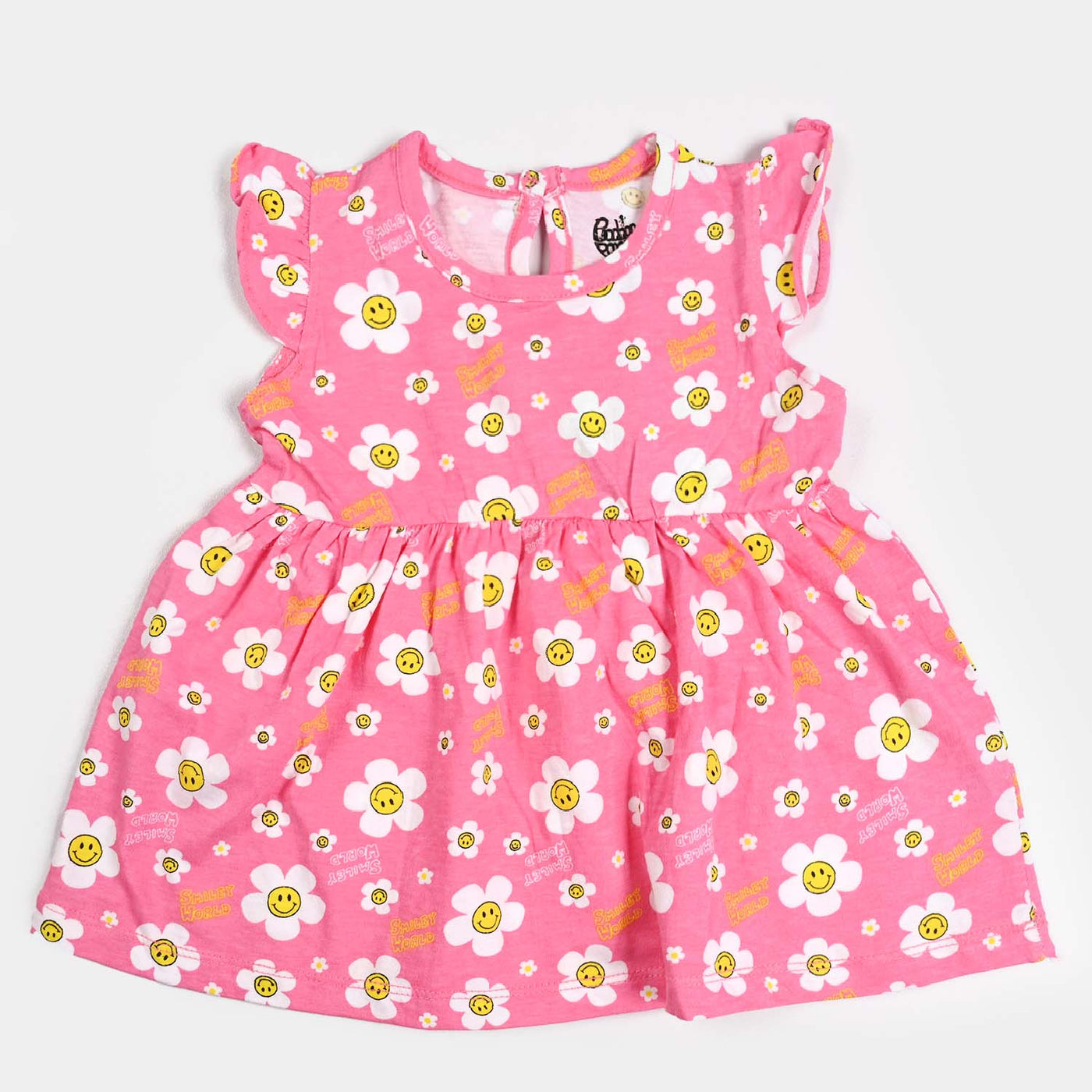 Infant Girls Cotton Terry Knitted Frock Smiley Flowers-Pink