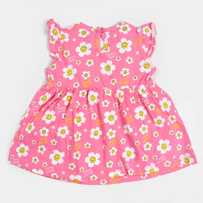 Infant Girls Cotton Terry Knitted Frock Smiley Flowers-Pink