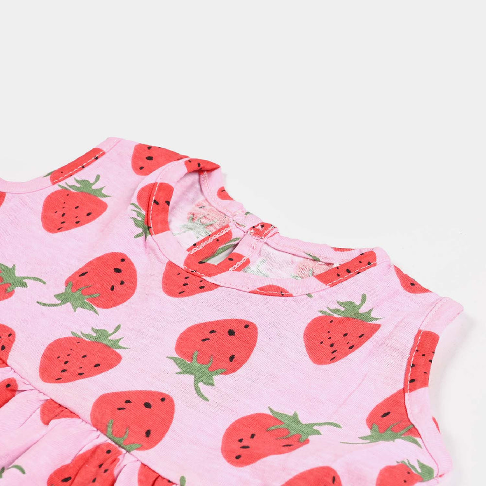 Girls Cotton Terry Knitted Frock Strawberry-Printed