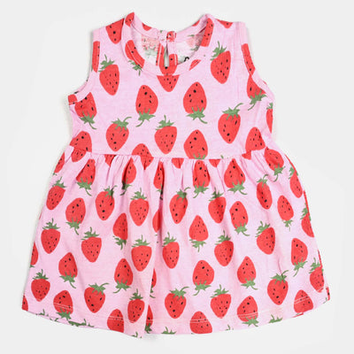 Girls Cotton Terry Knitted Frock Strawberry-Printed