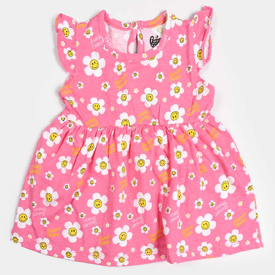 Girls Cotton Terry Knitted Frock Smiley Flowers-Pink