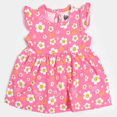 Girls Cotton Terry Knitted Frock Smiley Flowers-Pink