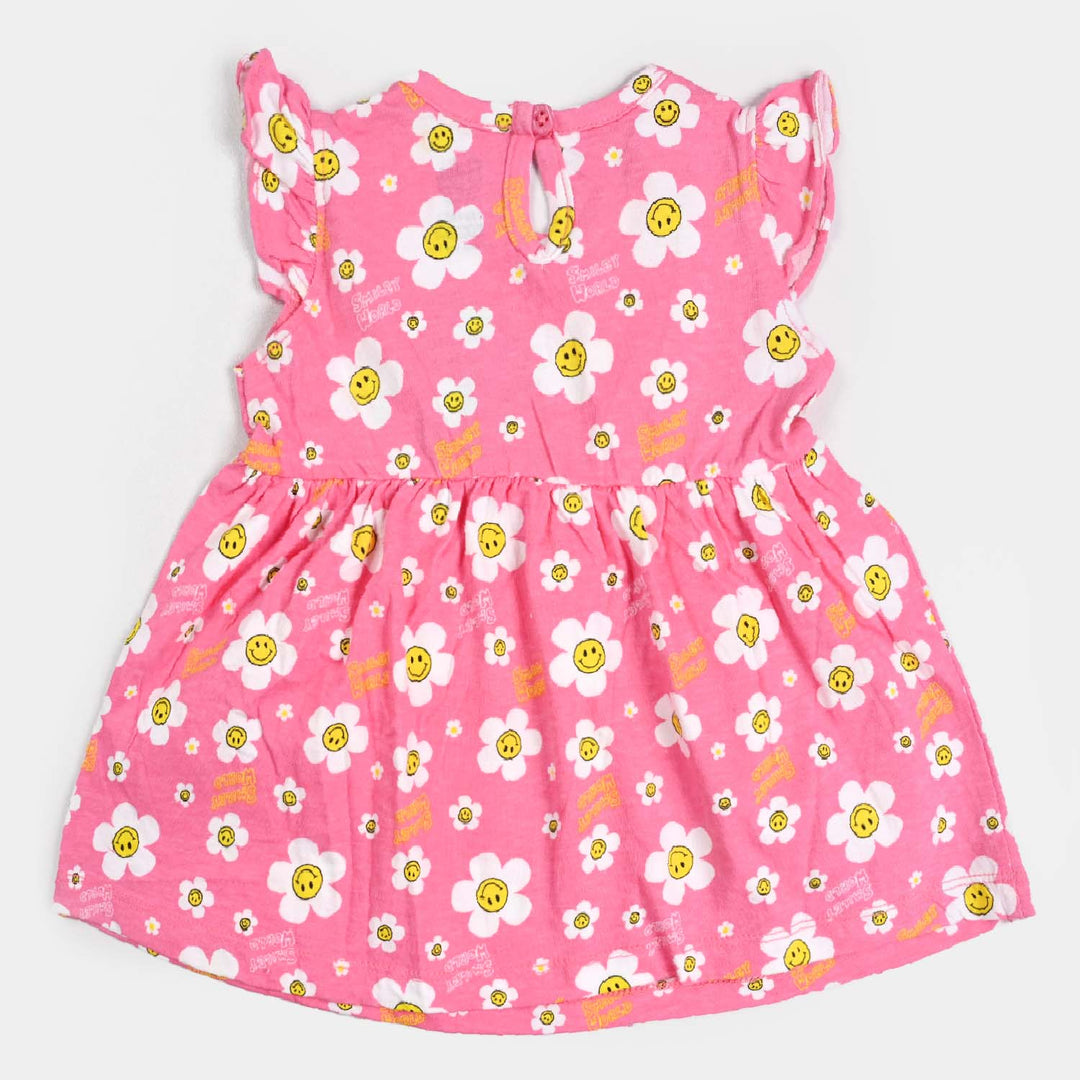 Girls Cotton Terry Knitted Frock Smiley Flowers-Pink