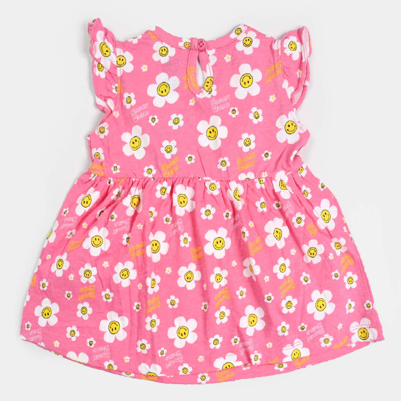 Girls Cotton Terry Knitted Frock Smiley Flowers-Pink