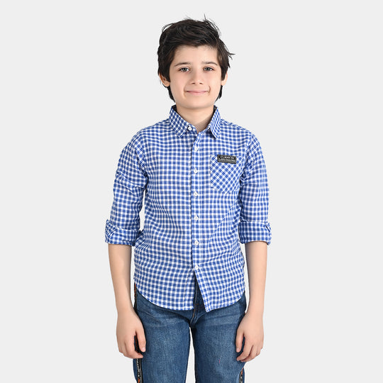 Boys Yarn Dyed Casual Shirt F/S (Late For Run)-Blue Check