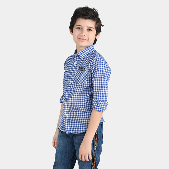 Boys Yarn Dyed Casual Shirt F/S (Late For Run)-Blue Check