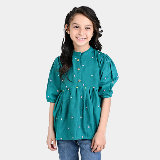 Girls Cotton Slub Emb Top Fanfare-Green