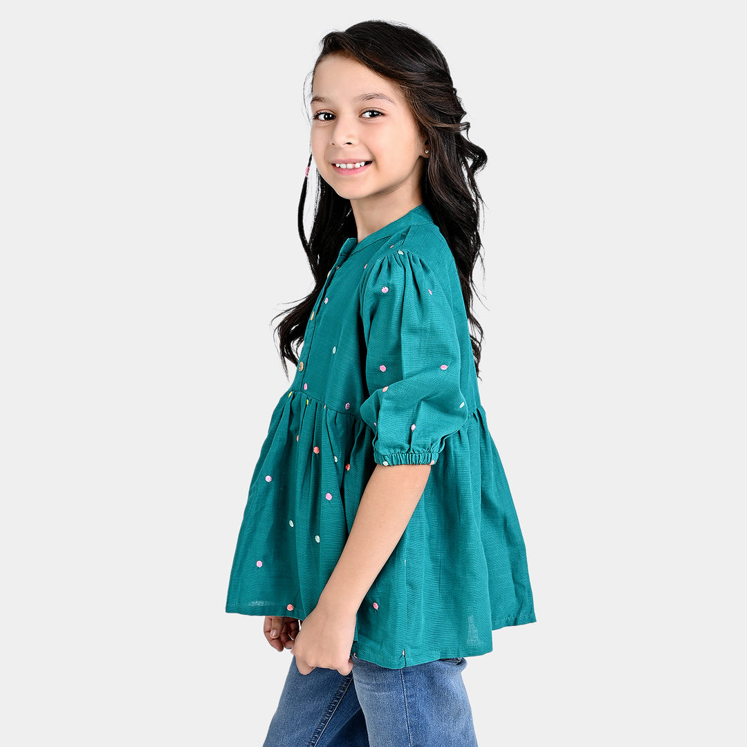 Girls Cotton Slub Emb Top Fanfare-Green