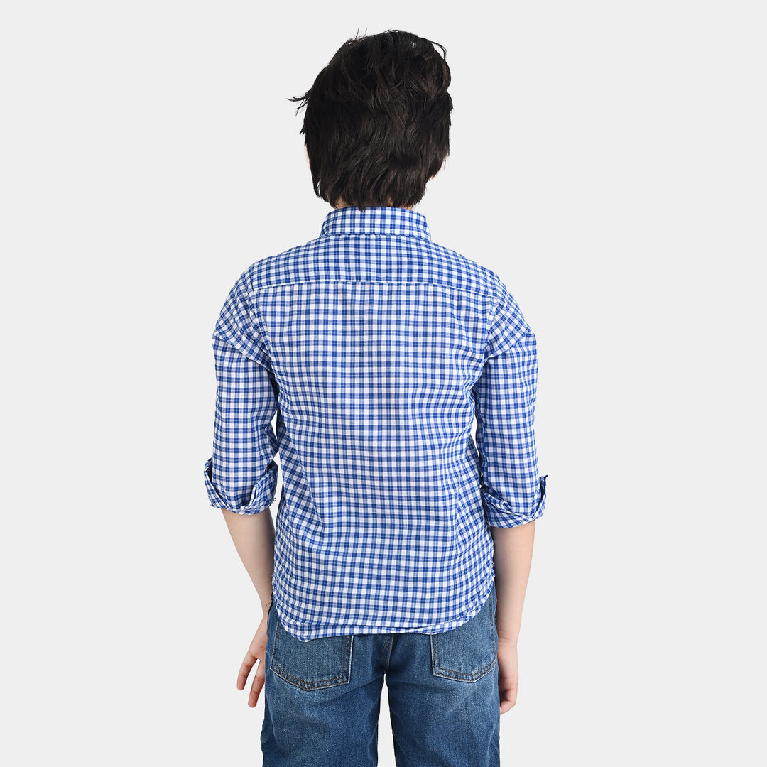 Boys Yarn Dyed Casual Shirt F/S (Late For Run)-Blue Check
