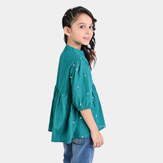 Girls Cotton Slub Emb Top Fanfare-Green