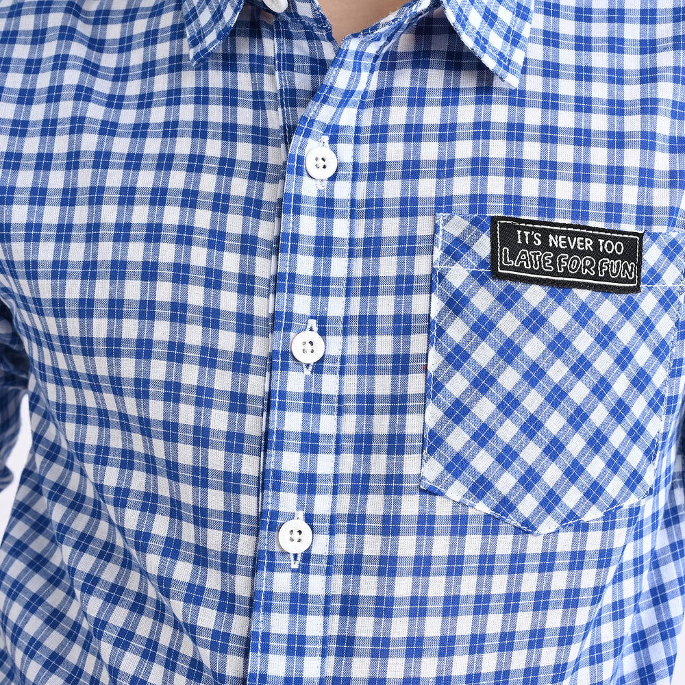 Boys Yarn Dyed Casual Shirt F/S (Late For Run)-Blue Check