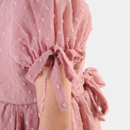 Girls Poly Brochia Fancy Frock Breeze - Peach