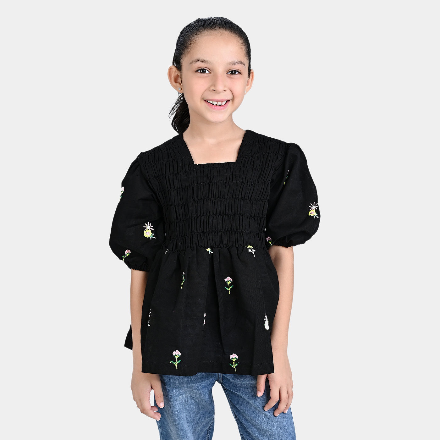 Girls Cotton Slub Emb Top Black Garden-BLACK