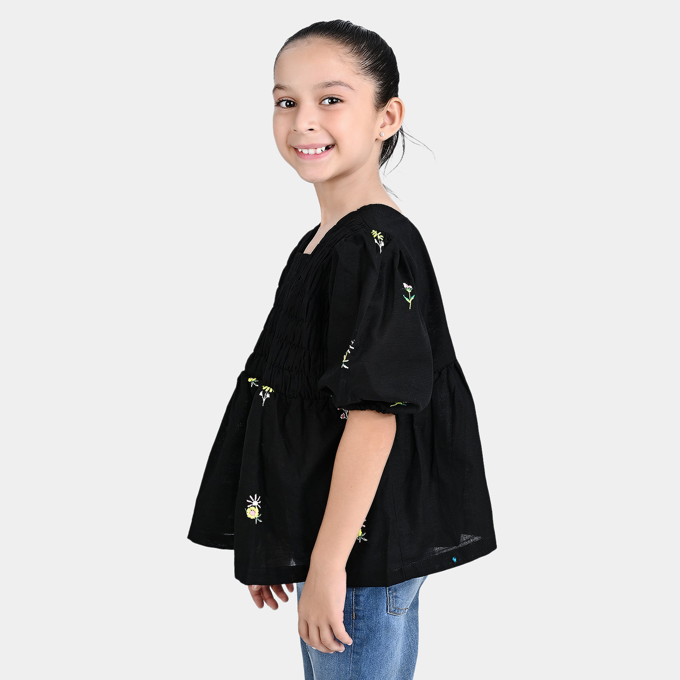 Girls Cotton Slub Emb Top Black Garden-BLACK