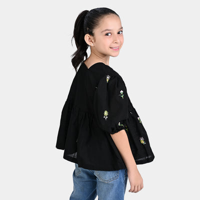 Girls Cotton Slub Emb Top Black Garden-BLACK