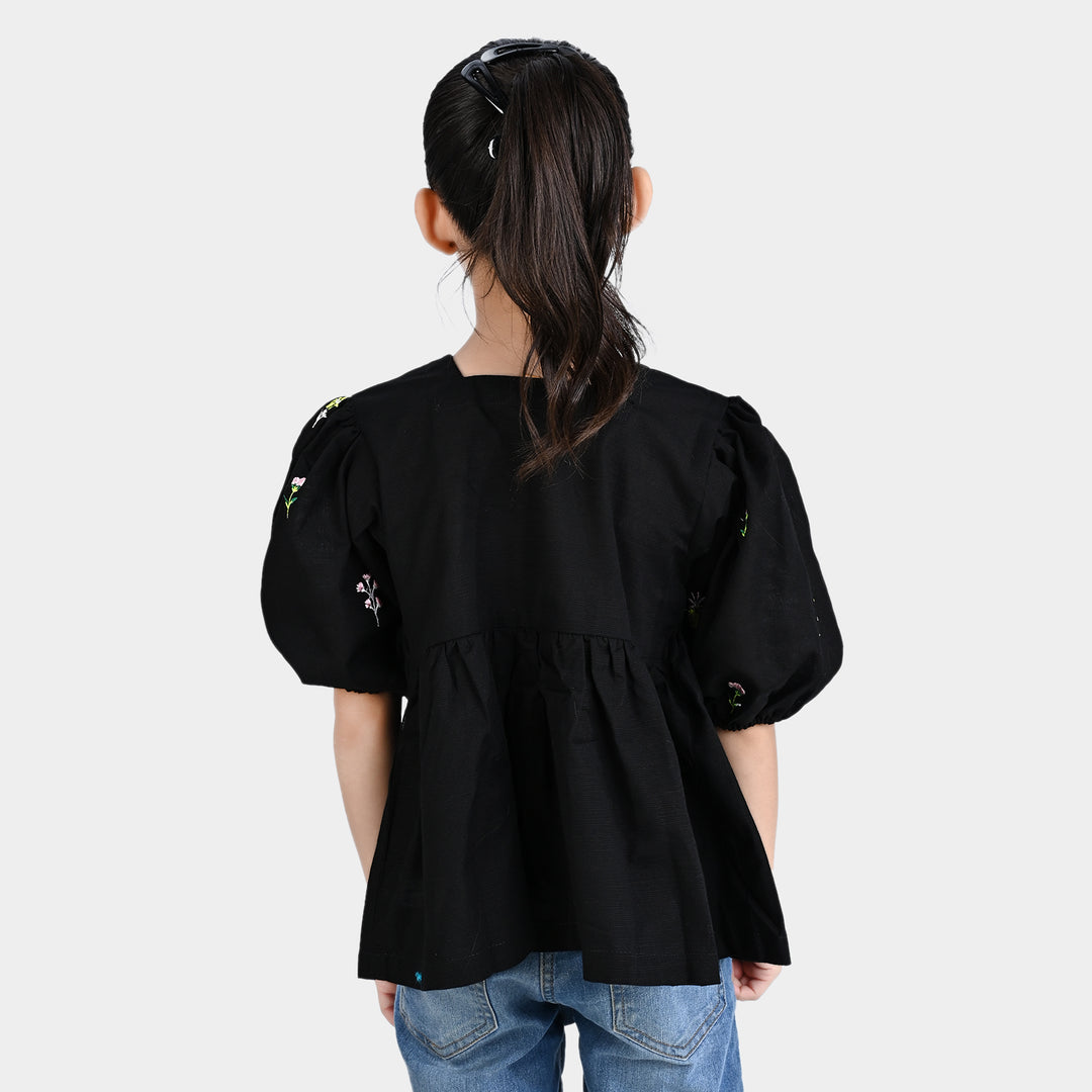 Girls Cotton Slub Emb Top Black Garden-BLACK