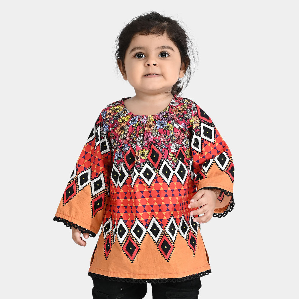 Infant Girls Cotton Poplin Printed Kurti Fan Flowers-Multi