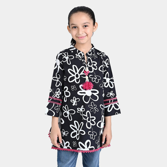 Girls Cotton Poplin Casual Frock Fusion Flora-BLACK