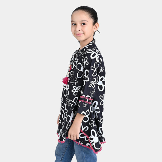 Girls Cotton Poplin Casual Frock Fusion Flora-BLACK