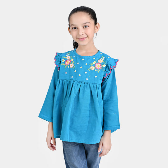 Girls Cotton Slub Emb Top Flowers Bunches-Turquoise