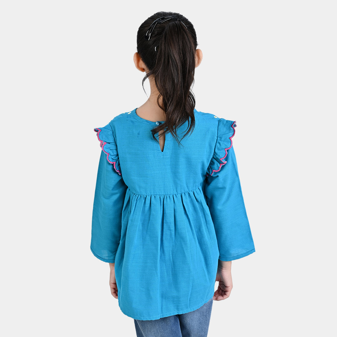 Girls Cotton Slub Emb Top Flowers Bunches-Turquoise