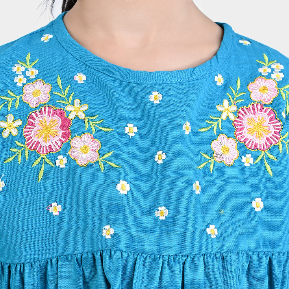 Girls Cotton Slub Emb Top Flowers Bunches-Turquoise