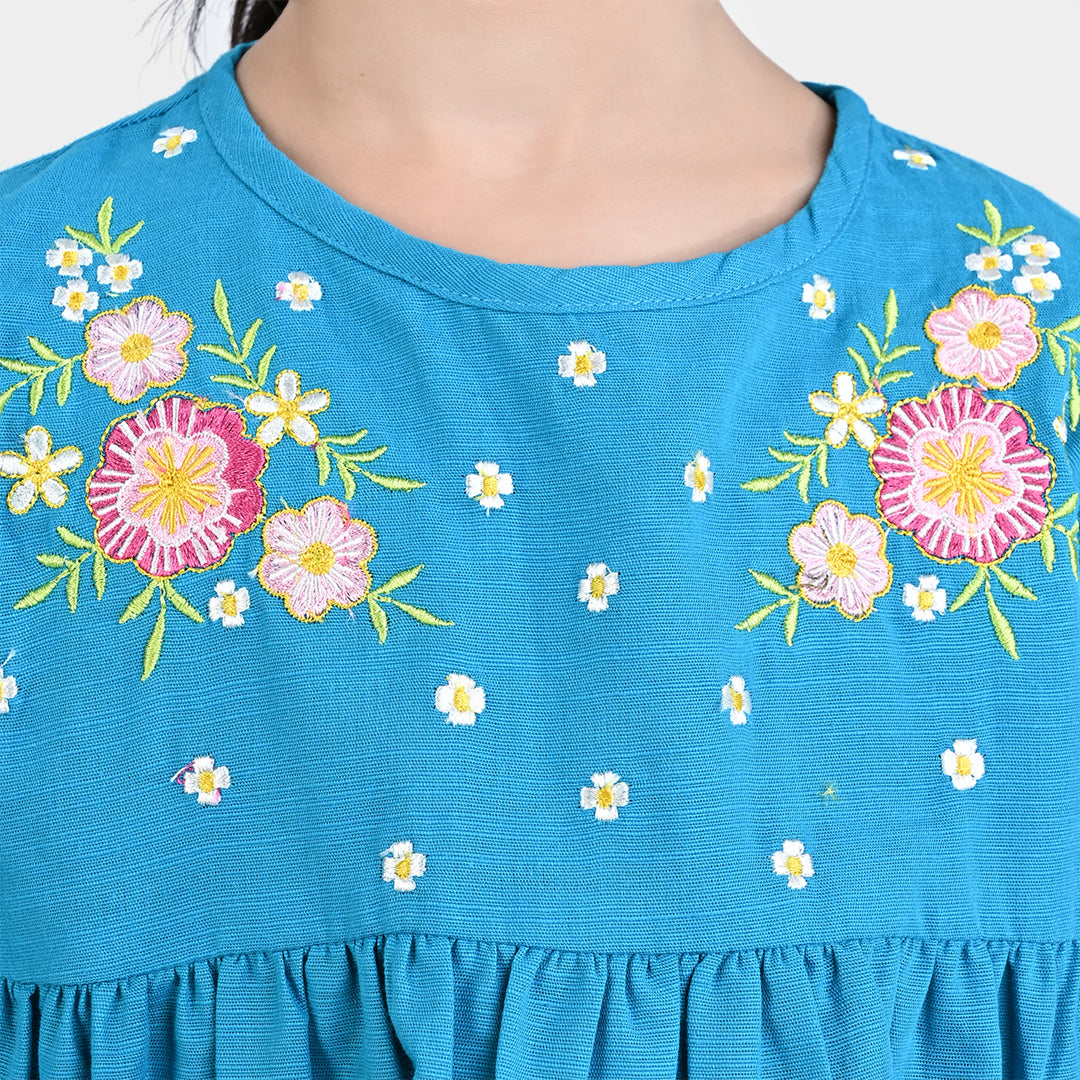 Girls Cotton Slub Emb Top Flowers Bunches-Turquoise