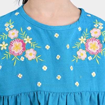 Girls Cotton Slub Emb Top Flowers Bunches-Turquoise