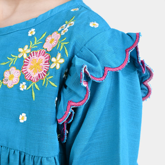 Girls Cotton Slub Emb Top Flowers Bunches-Turquoise