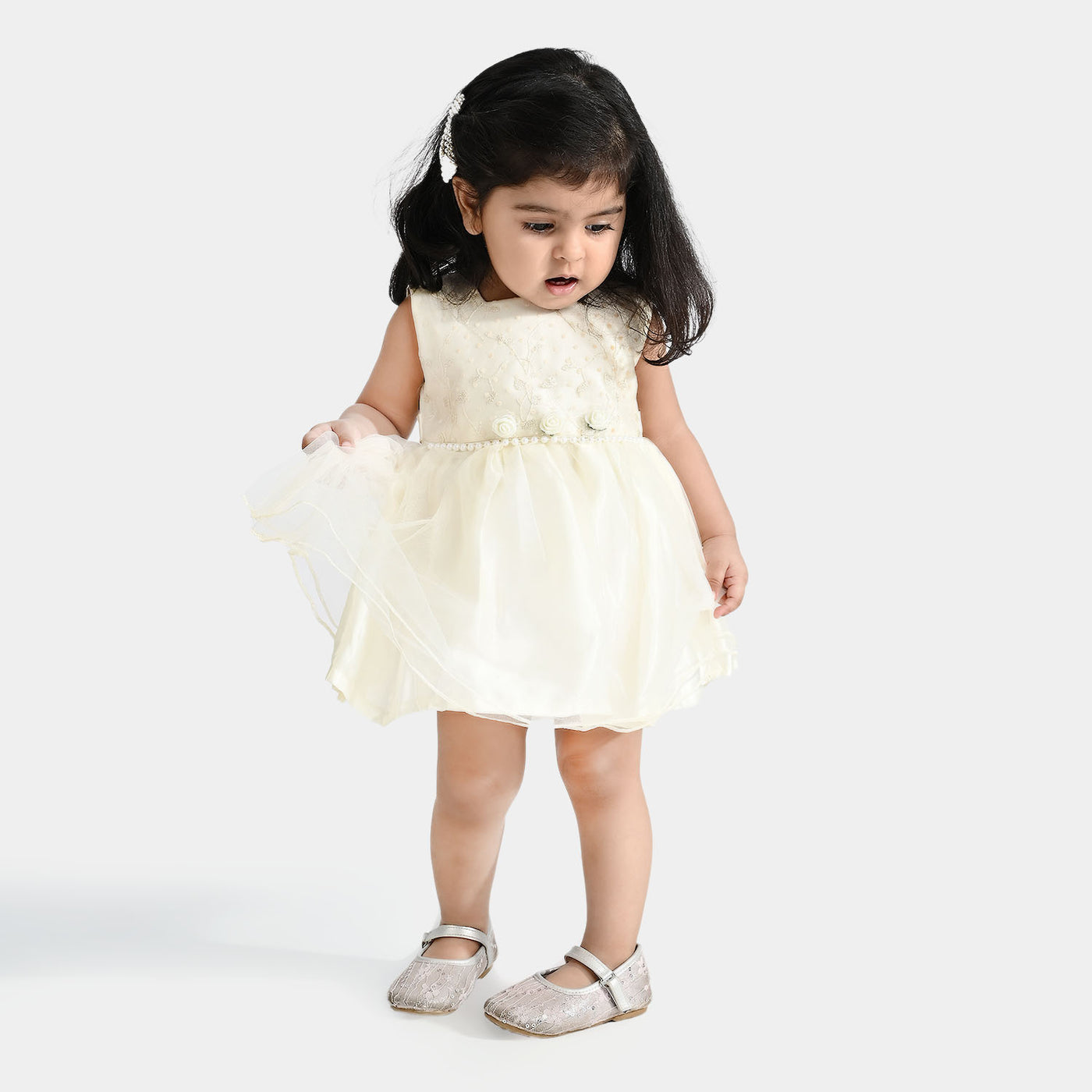 Infant Girl Poly Satin Fancy Frock Little Shine-Cream