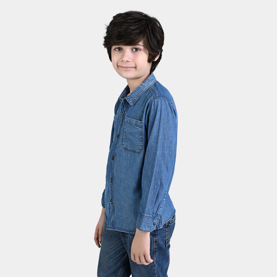 Boys Denim Shirt Pocket Styling-Mid Blue