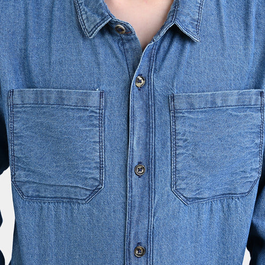 Boys Denim Shirt Pocket Styling-Mid Blue