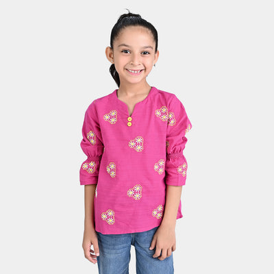 GIRLS COTTON SLUB EMB TOP PINK DAISY-P.PEACOCK