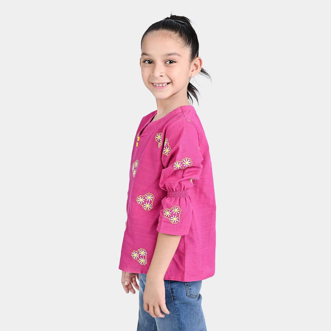 GIRLS COTTON SLUB EMB TOP PINK DAISY-P.PEACOCK