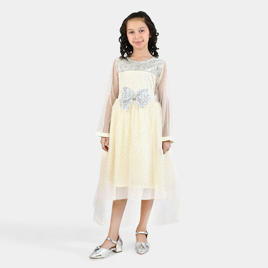 Girls Organza Fancy Frock-Shimmer Polka-OFF-White