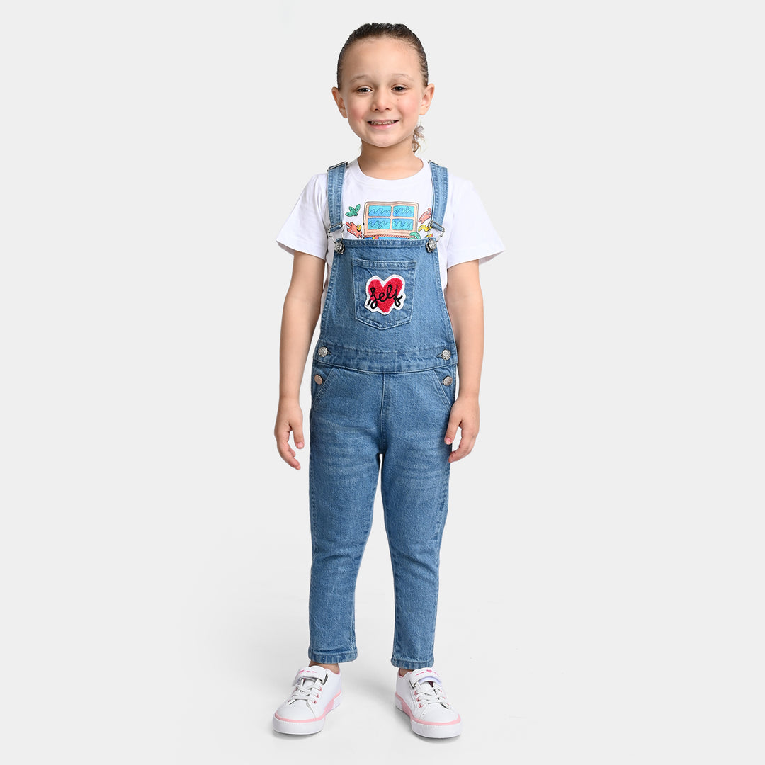 Girls Denim Dungaree Self - Ice Blue