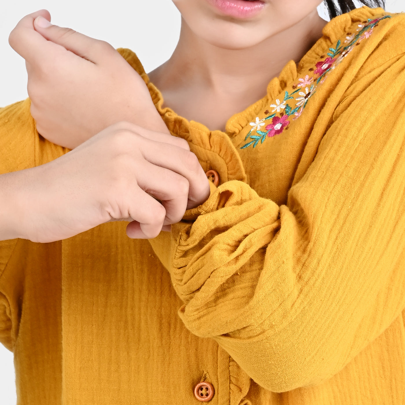 Girls Cotton Embroidered Top Citrus-Mustard