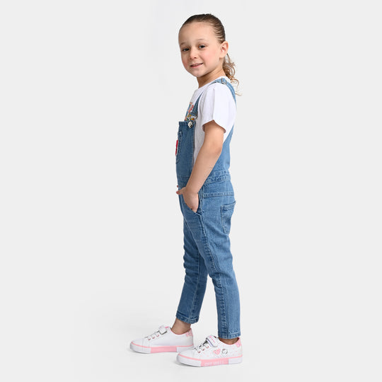 Girls Denim Dungaree Self - Ice Blue