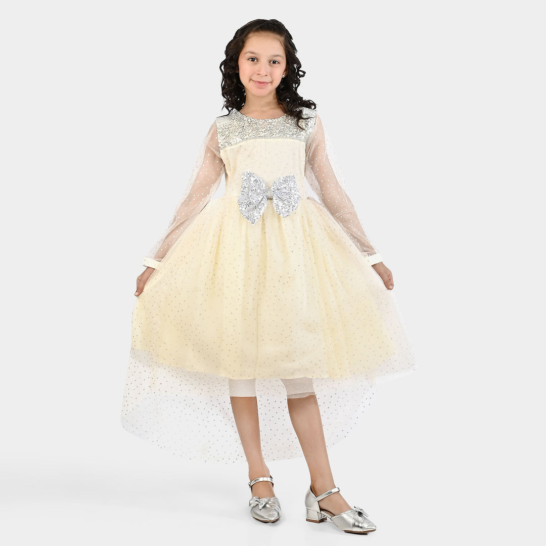 Girls Organza Fancy Frock-Shimmer Polka-OFF-White