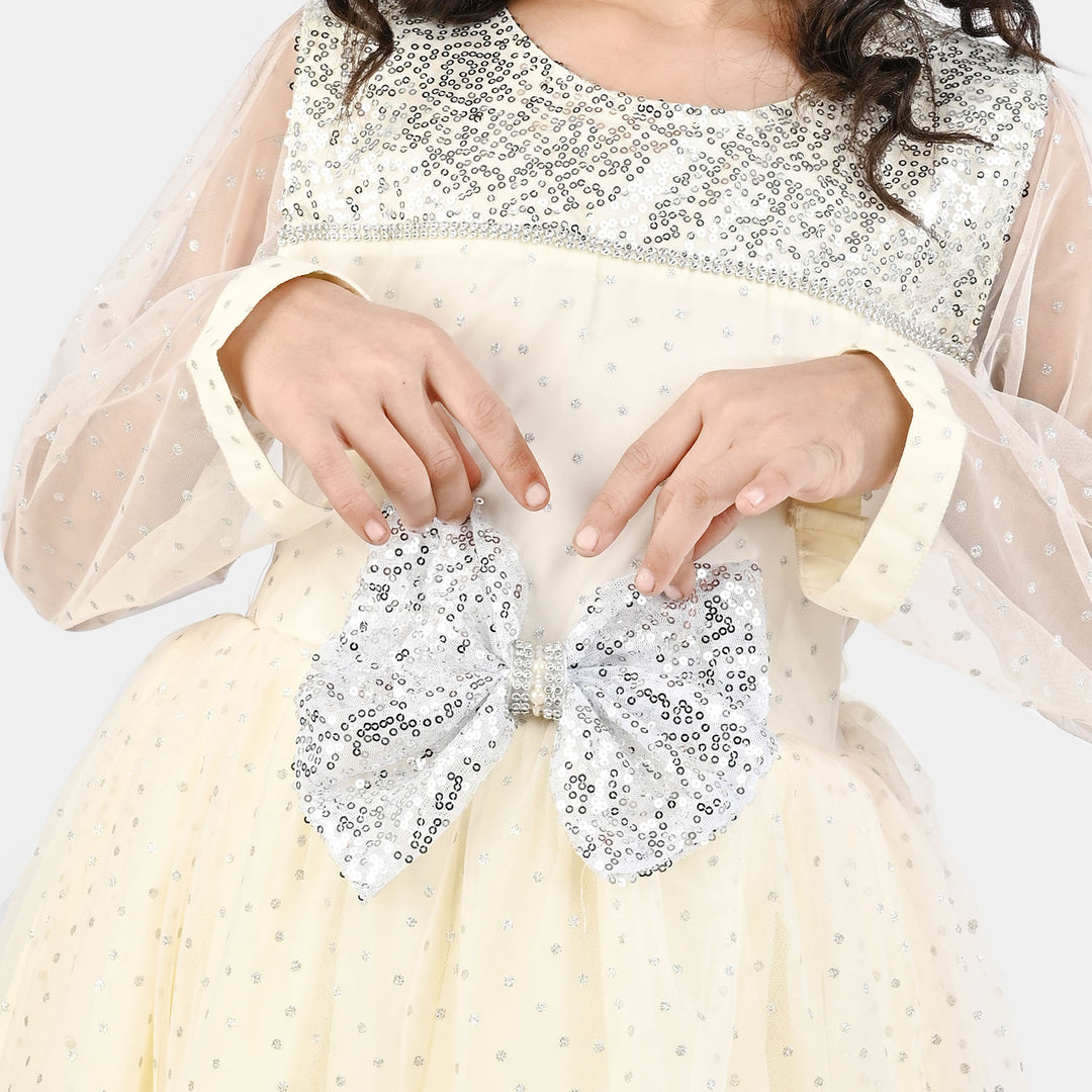 Girls Organza Fancy Frock-Shimmer Polka-OFF-White