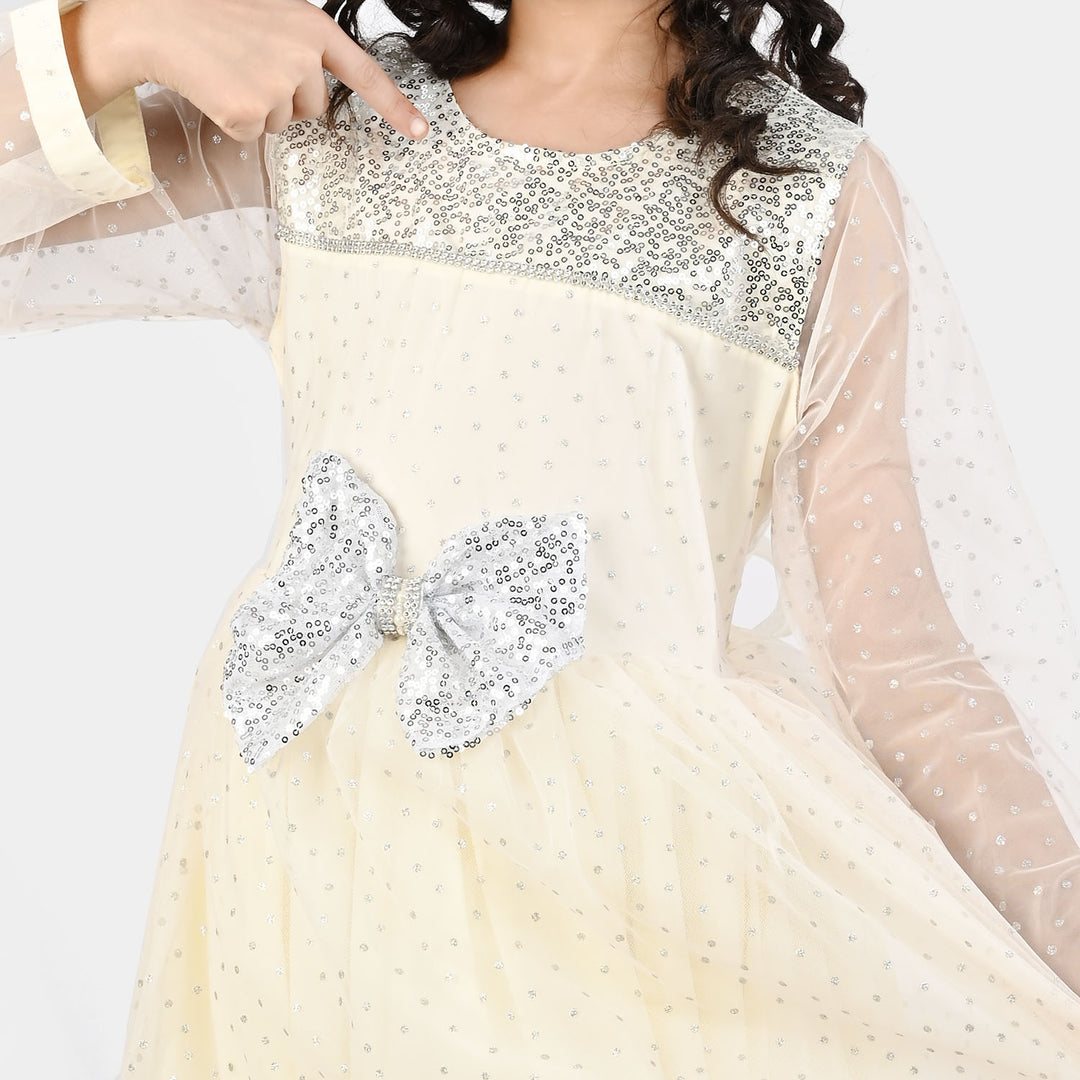 Girls Organza Fancy Frock-Shimmer Polka-OFF-White