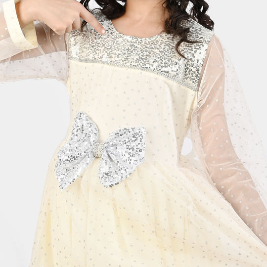 Girls Organza Fancy Frock-Shimmer Polka-OFF-White