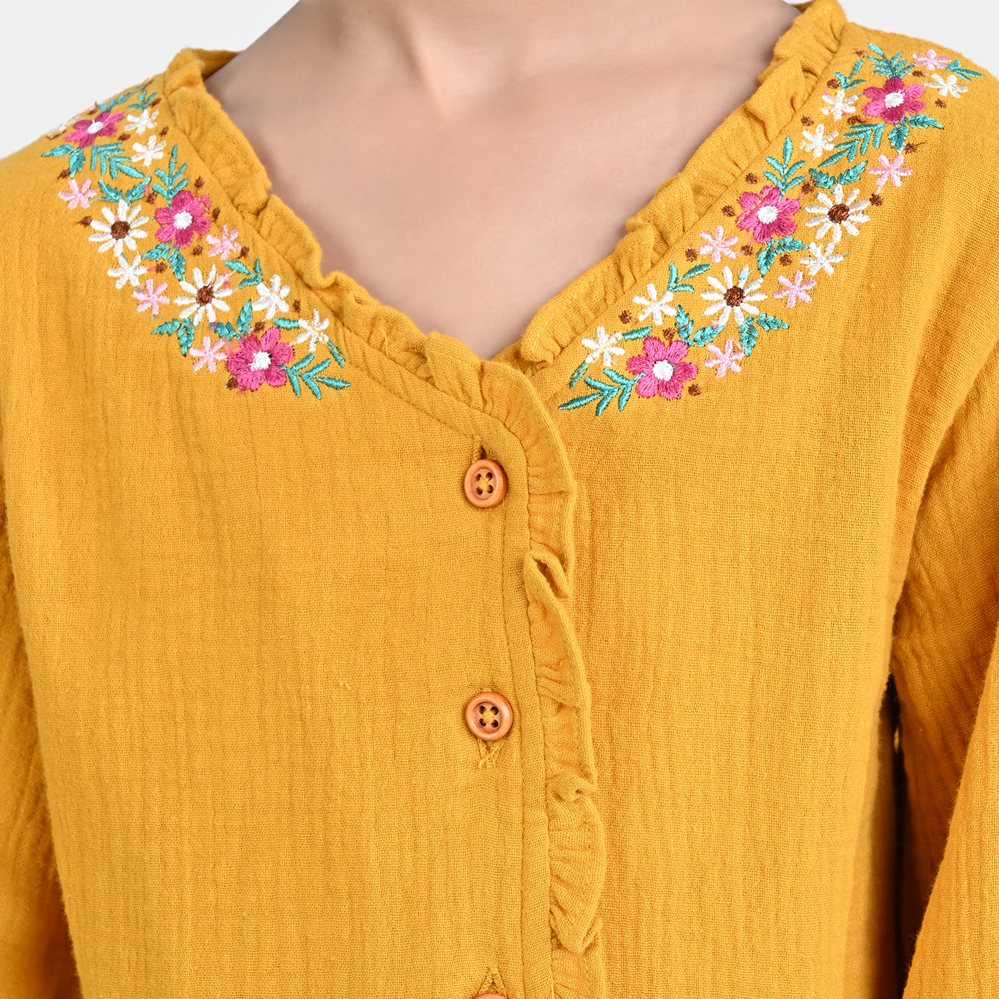 Girls Cotton Embroidered Top Citrus-Mustard