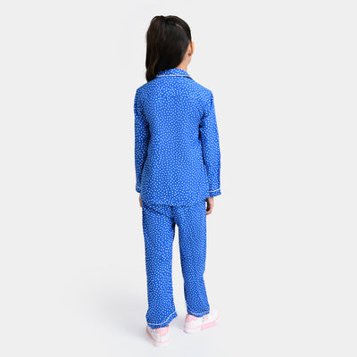 Girls Woven Night Suit Dots-Royal Blue