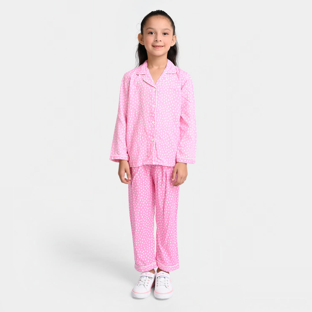 Girls Woven Night Suit Dots-Pink