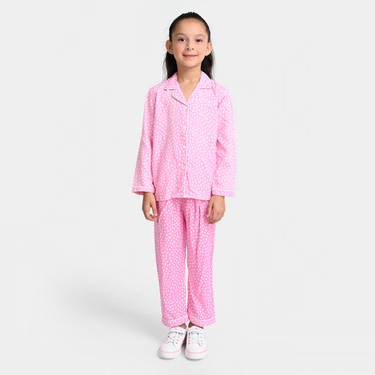 Girls Woven Night Suit Dots-Pink