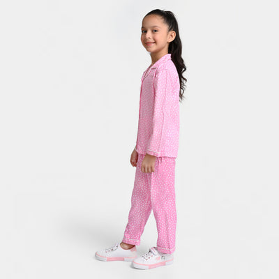 Girls Woven Night Suit Dots-Pink