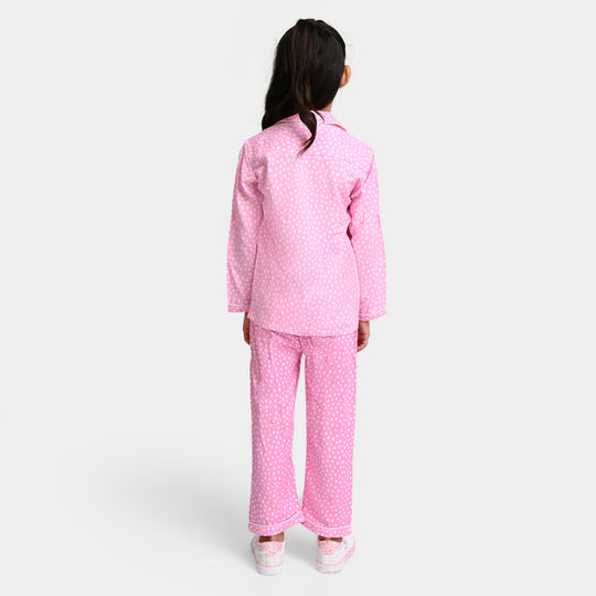 Girls Woven Night Suit Dots-Pink
