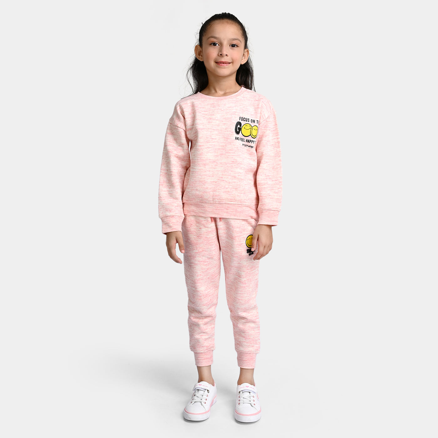 Girls Fleece 2 Piece Suit Smiley-White Pink